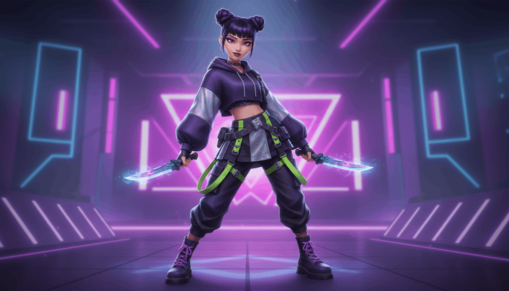 A woman in a sleek futuristic outfit stands confidently