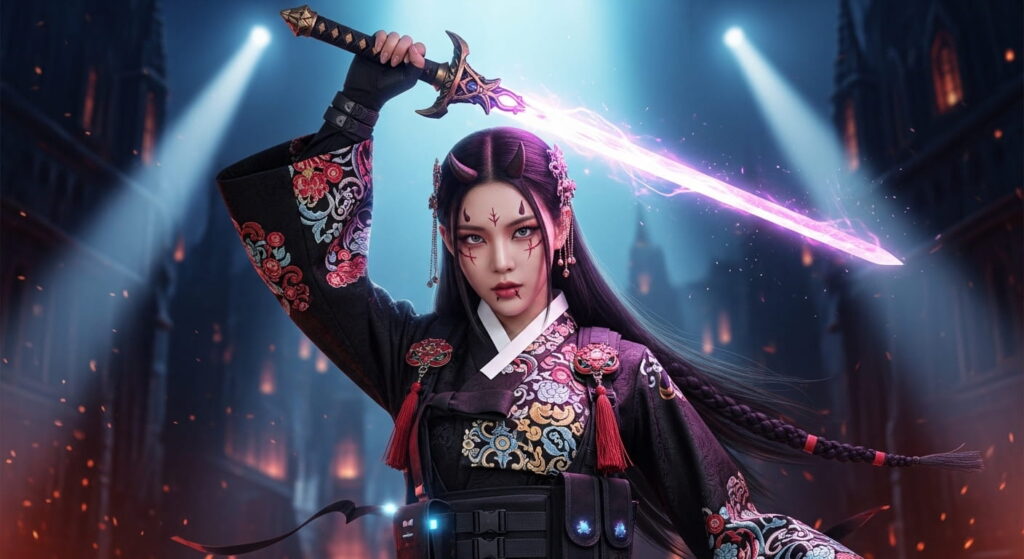 A woman in a traditional kimono holds a sword