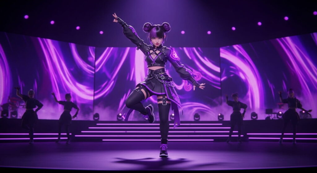 A woman in a vibrant purple costume performs a dance on stage