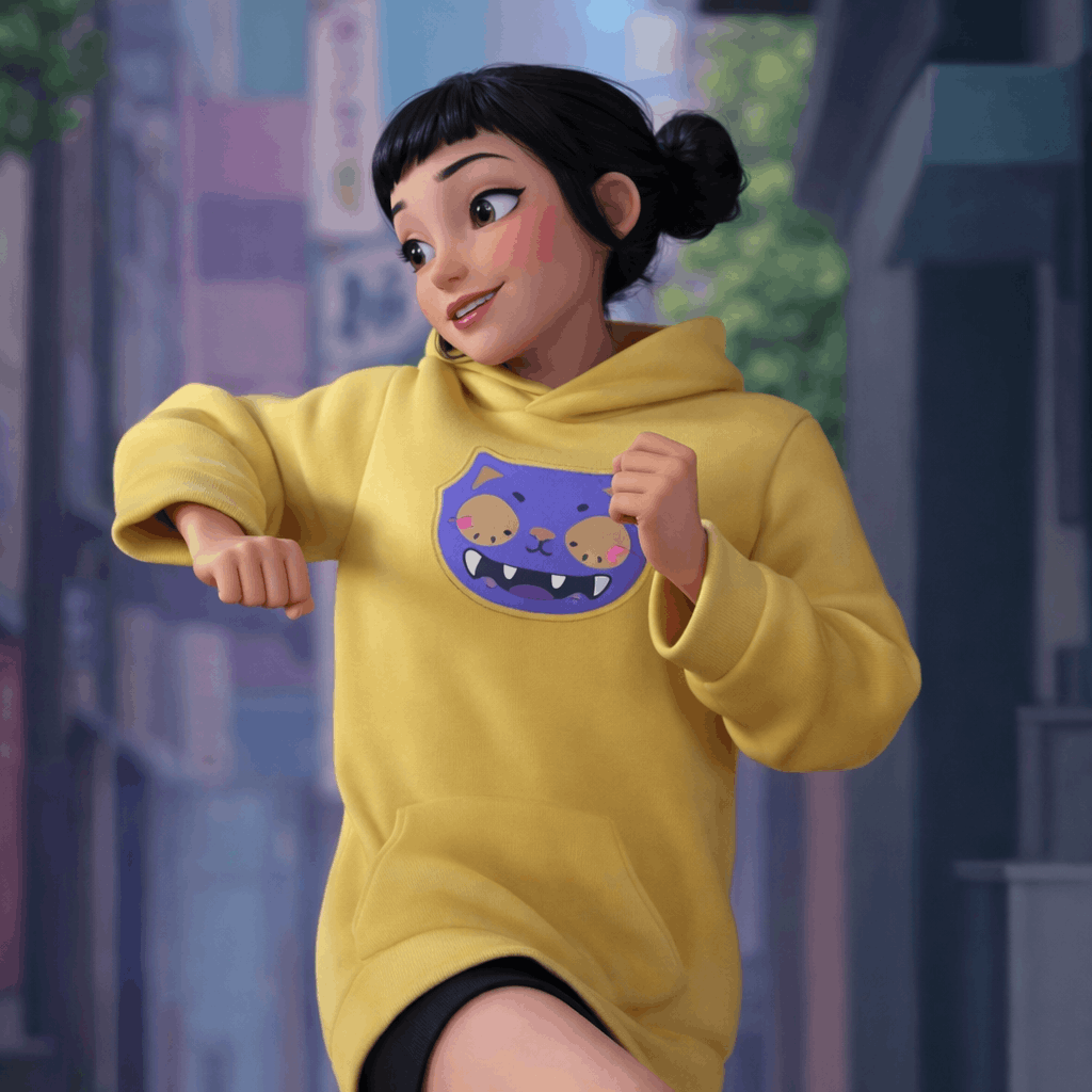 A woman in a yellow hoodie runs energetically down a city street
