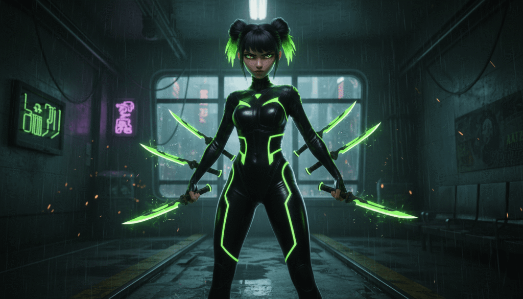 A woman in neon green and black stands confidently in a bustling subway station