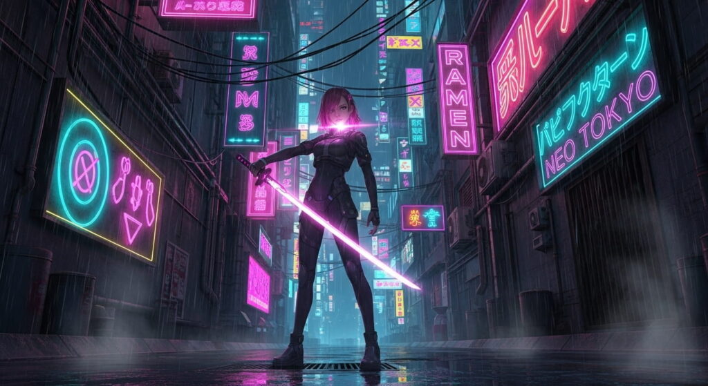 A woman in neon lights stands prominently on a city street