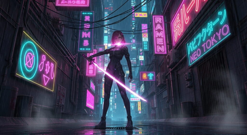 A woman in neon lights stands prominently on a city street