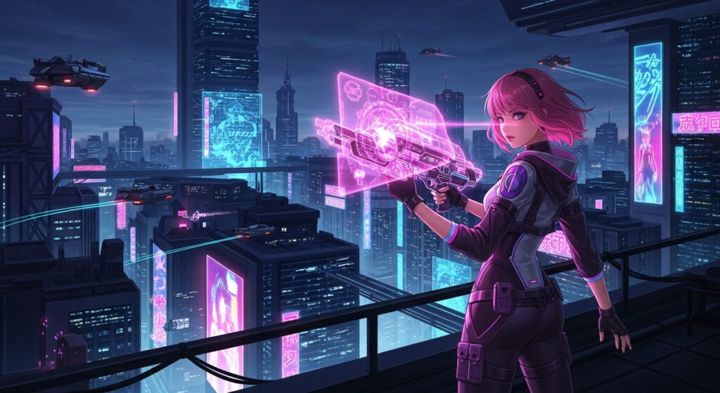 A woman in pink holds a gun