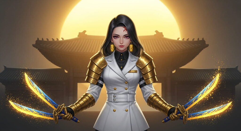 A woman in shining armor stands confidently