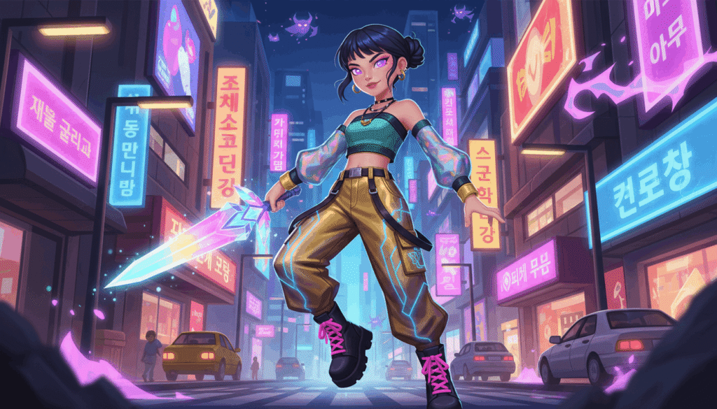 A woman in vibrant neon attire holds a sword