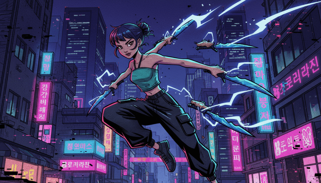 A woman raises a sword triumphantly in a bustling city