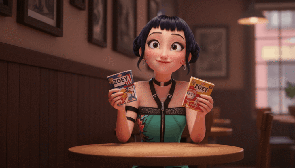 A woman sitting at a table with a box of chips