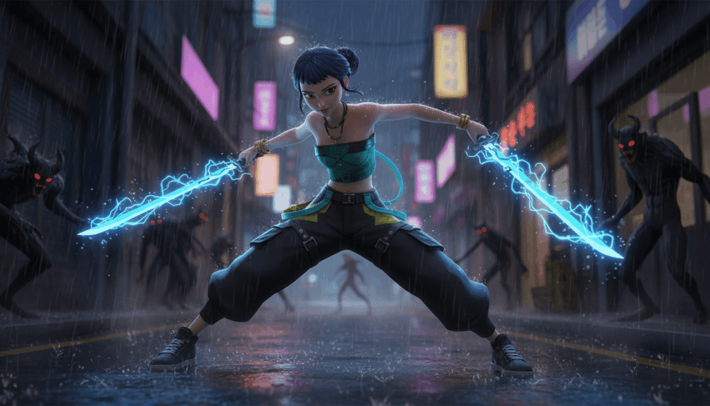 A woman stands in the rain