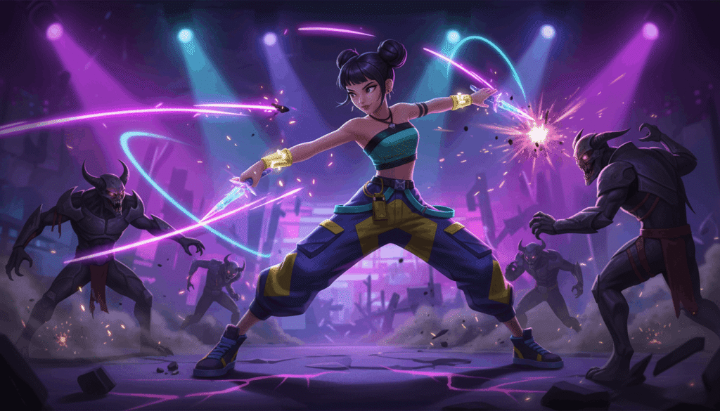 A woman wielding a sword stands confidently before a group of menacing monsters