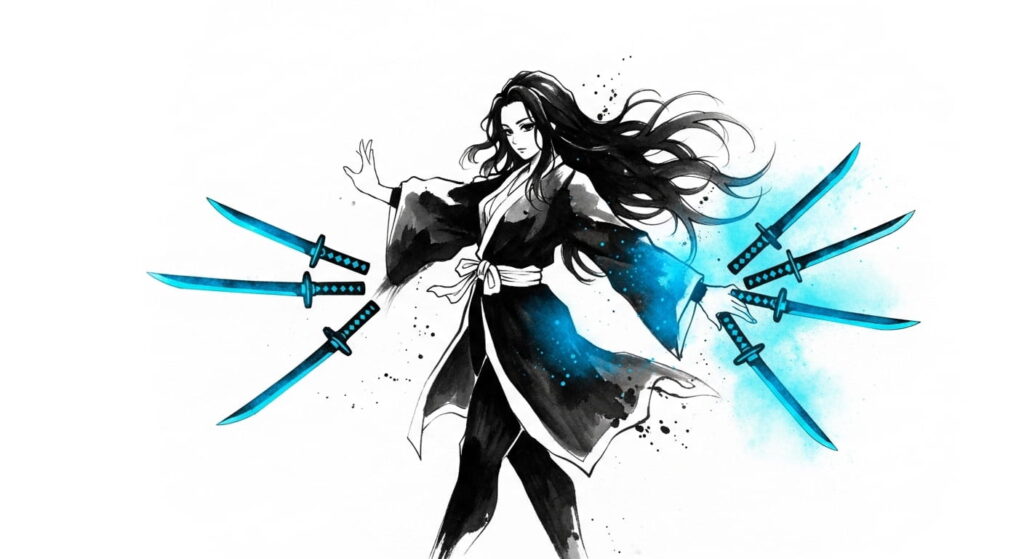 A woman with black hair and blue eyes confidently holds two swords