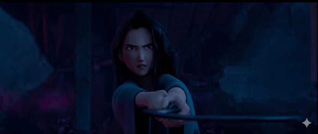 Celine Kpop with long dark hair holds a sword