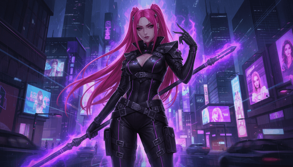 A woman with long pink and purple hair