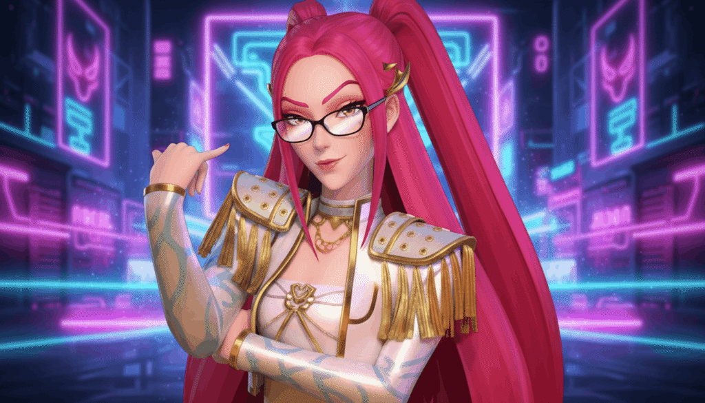 A woman with pink hair and glasses stands in a vibrant neon city