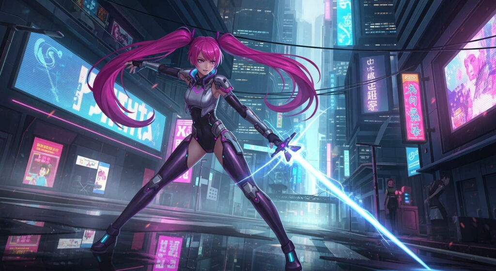 A woman with pink hair holds a sword