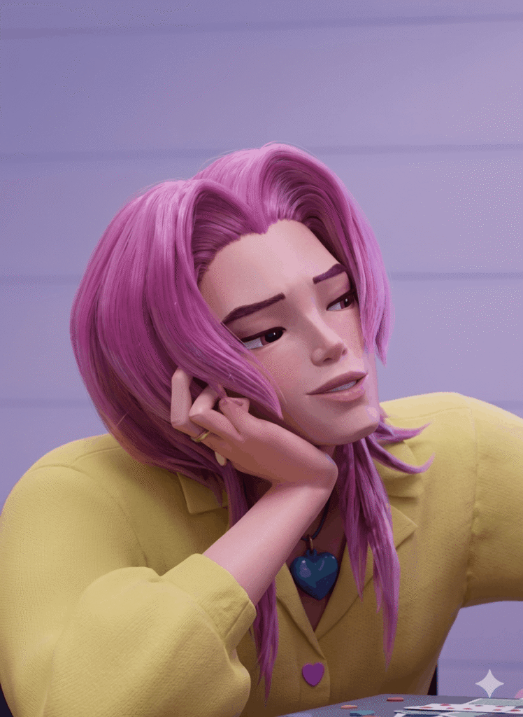 A woman with pink hair is seated at a table