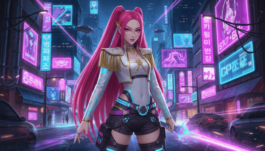 A woman with pink hair stands in a city illuminated by vibrant neon lights at night
