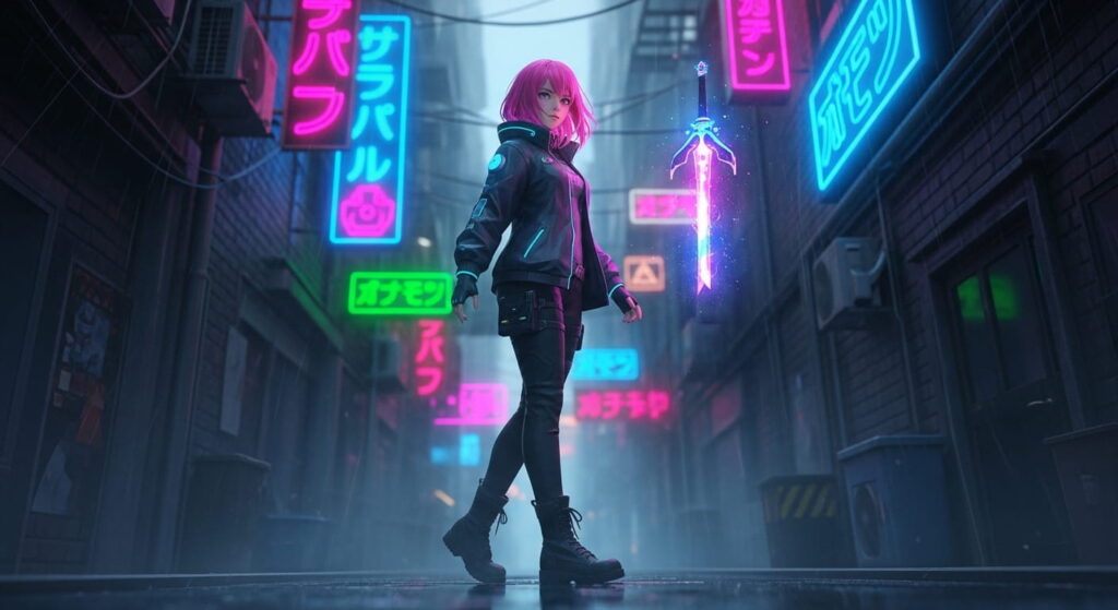 A woman with pink hair stands in a neon-lit alley