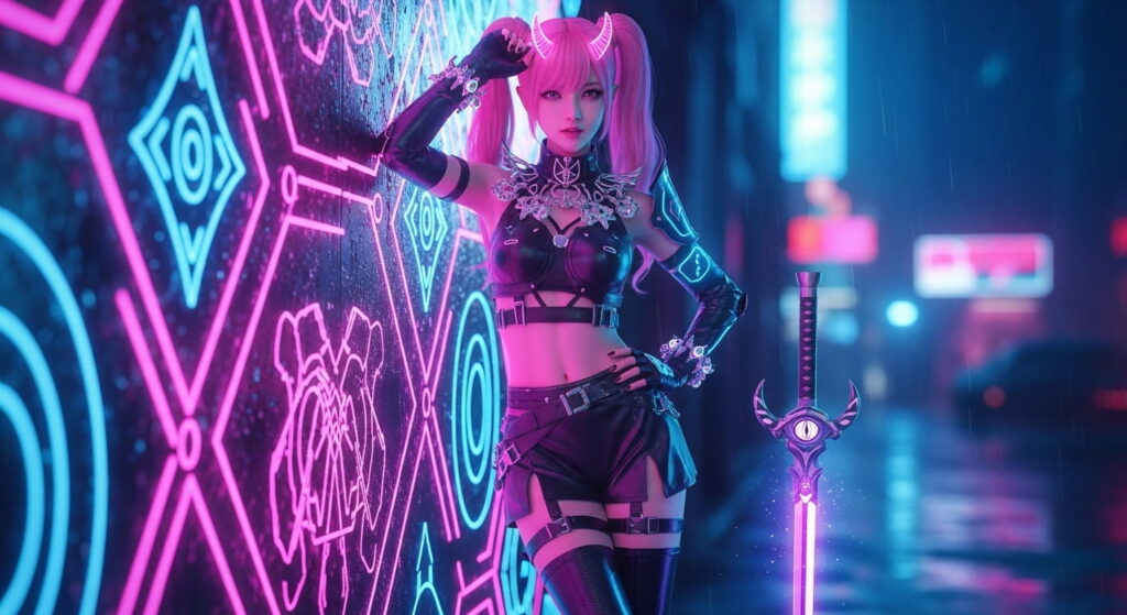 A woman with pink hair stands in front of a vibrant neon wall