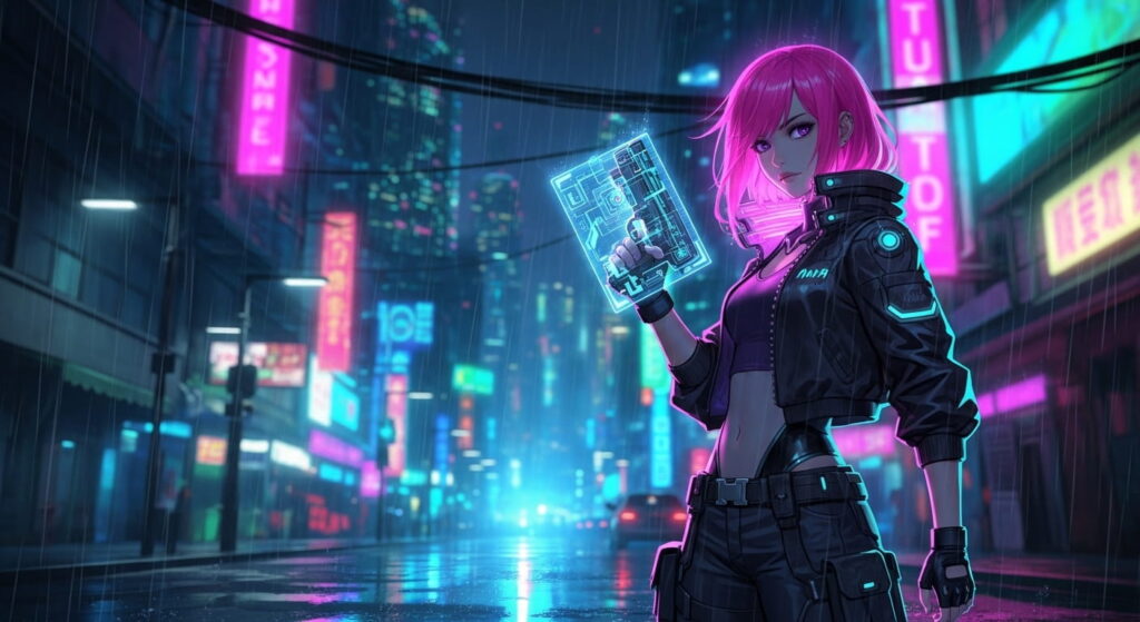 A woman with pink hair stands in the rain