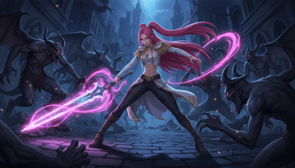 A woman with pink hair wields a sword
