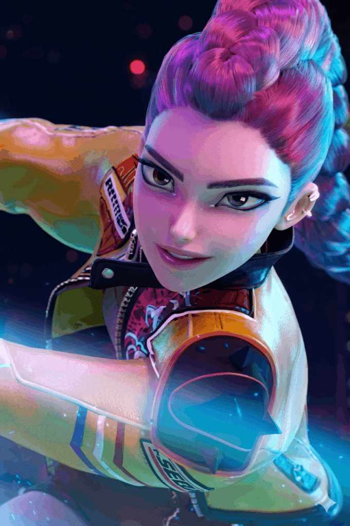 A woman with purple and pink hair holds a sword