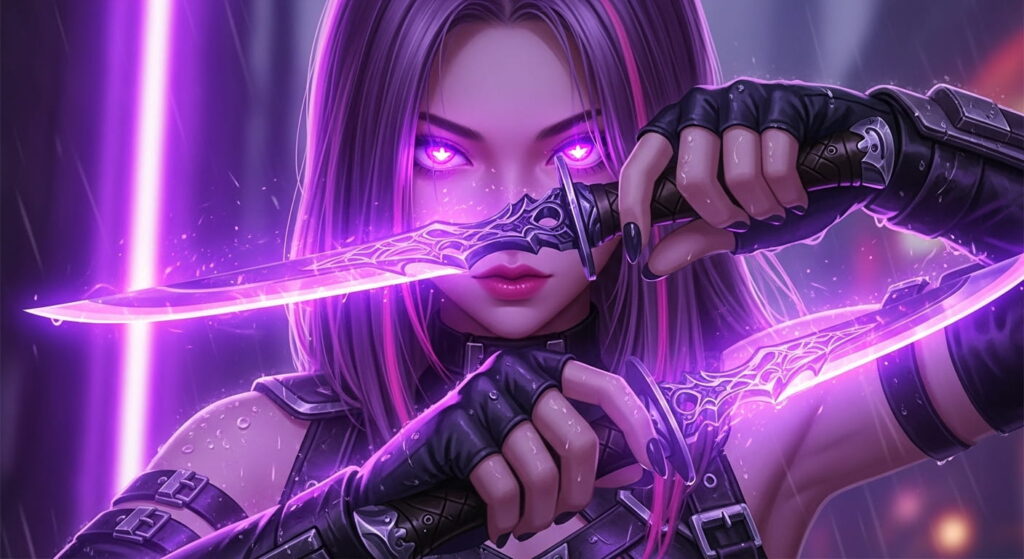 A woman with purple eyes stands poised