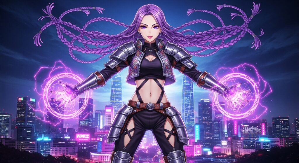 A woman with purple hair and armor stands confidently in front of a vibrant city skyline