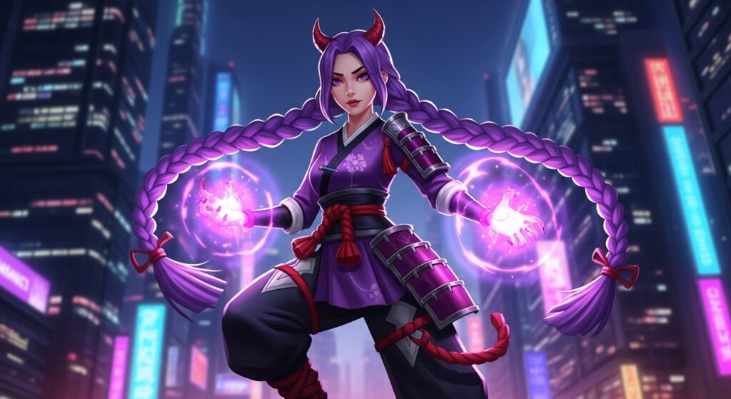 A woman with purple hair and horns stands confidently in a bustling city street