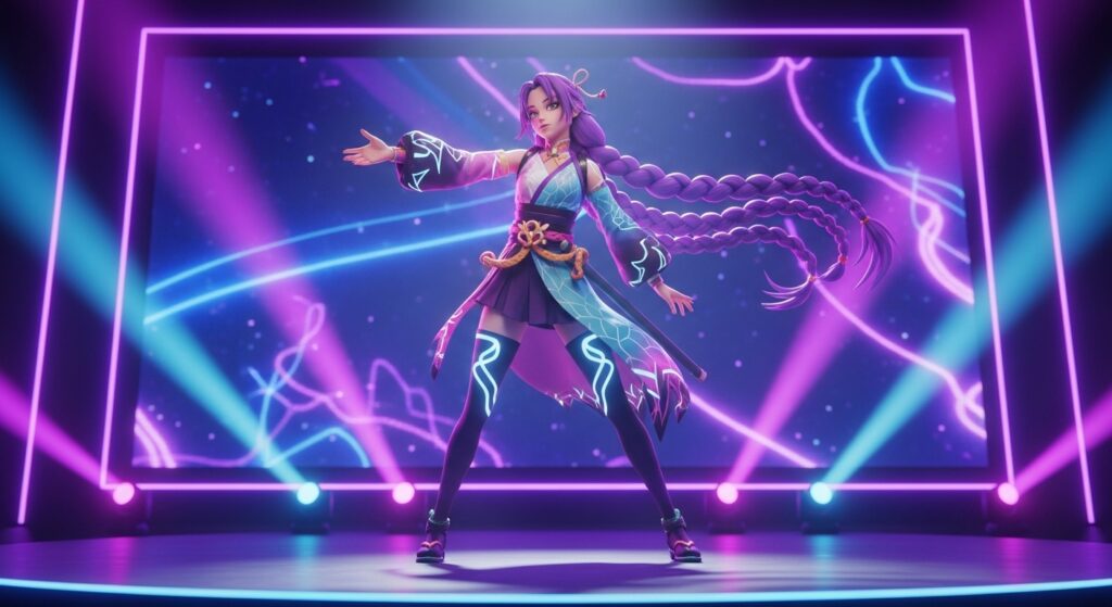 A woman with purple hair and outfit stands confidently in front of a stage