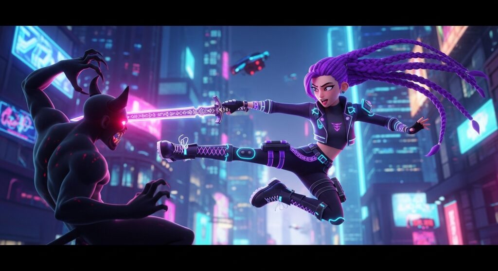 A woman with purple hair battles a fierce demon in a dramatic confrontation