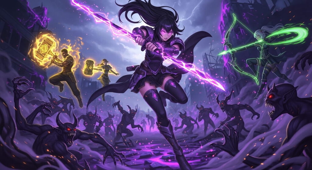 A woman with purple hair brandishes a sword