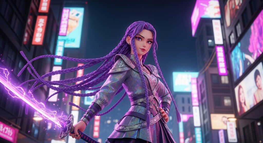 A woman with purple hair confidently holds a sword,