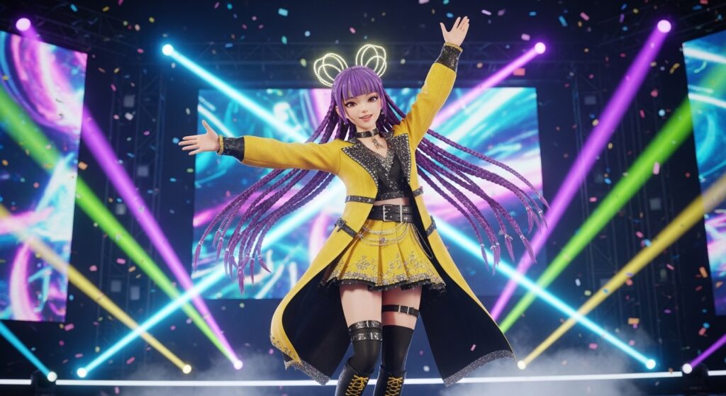 A woman with purple hair dances gracefully in a vibrant yellow dress
