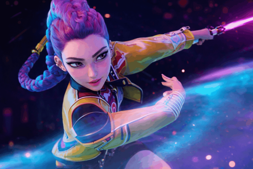 A woman with purple hair holds a glowing lightsaber