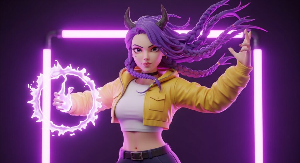 A woman with purple hair holds a glowing orb