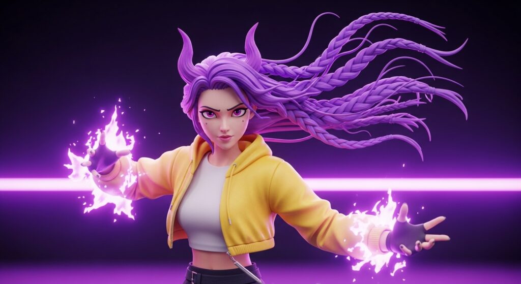 A woman with purple hair holds a glowing purple light