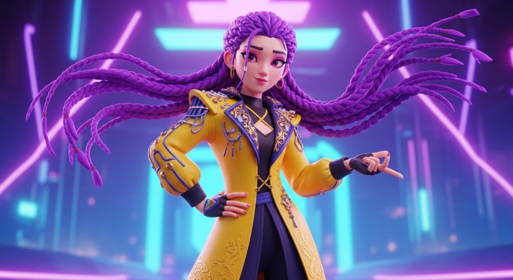 A woman with purple hair stands in front of vibrant neon lights