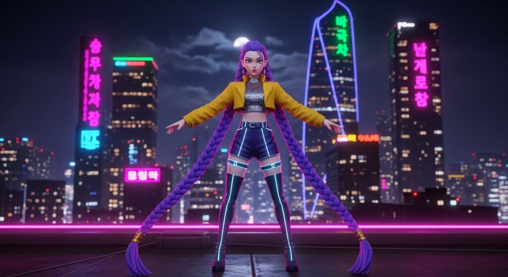 A woman with purple hair stands on a rooftop