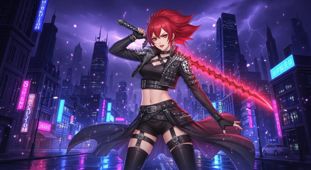 A woman with red hair in black attire holds a sword