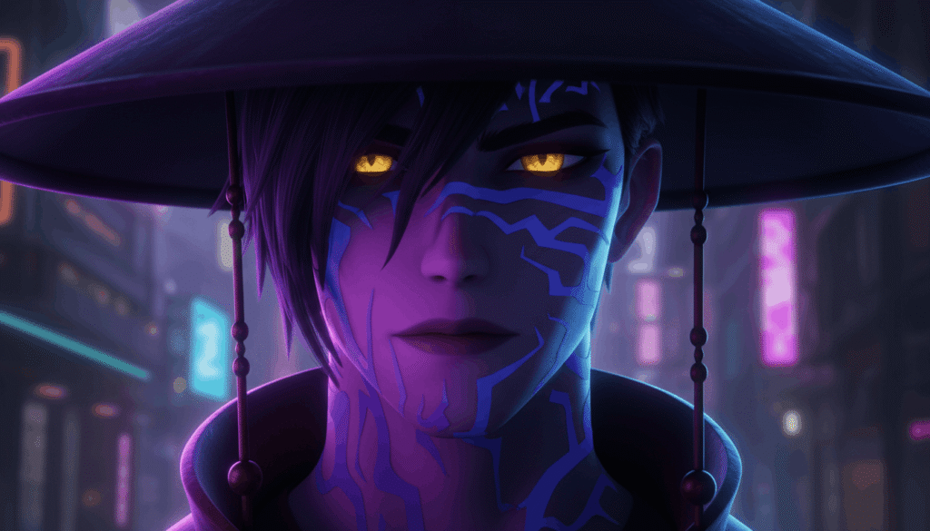 A woman with striking purple eyes wearing a stylish hat