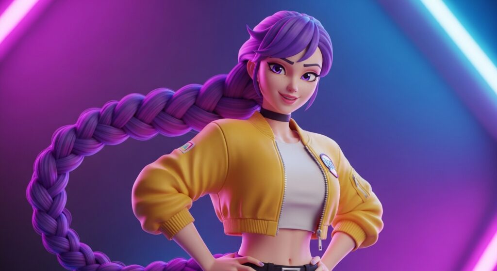 A woman with striking purple hair