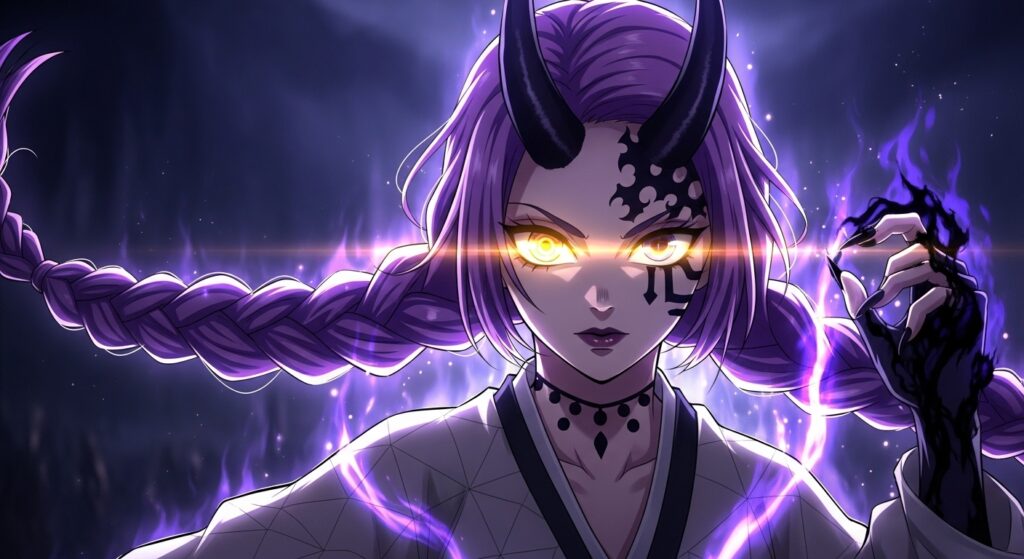 A woman with striking purple hair grips a sword