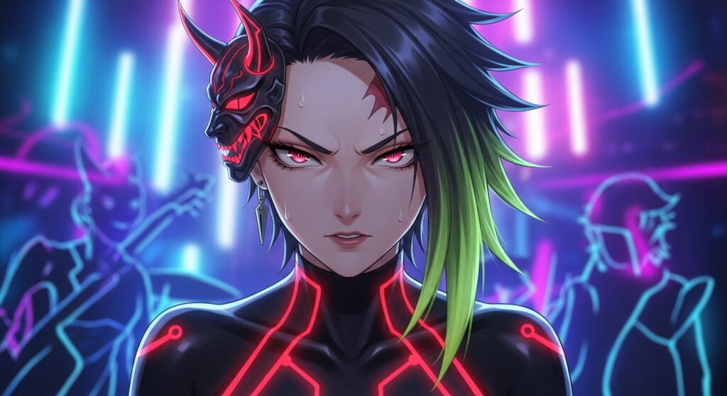 A woman with vibrant neon hair and striking neon eyes
