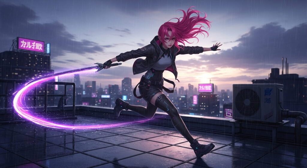 A woman with vibrant pink and purple hair is sprinting on a rooftop