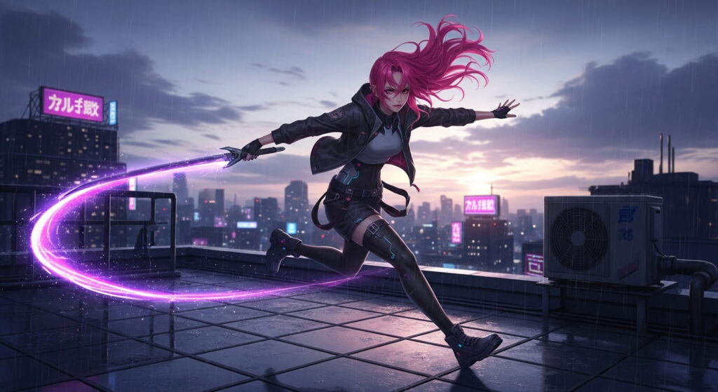 A woman with vibrant pink and purple hair is sprinting on a rooftop
