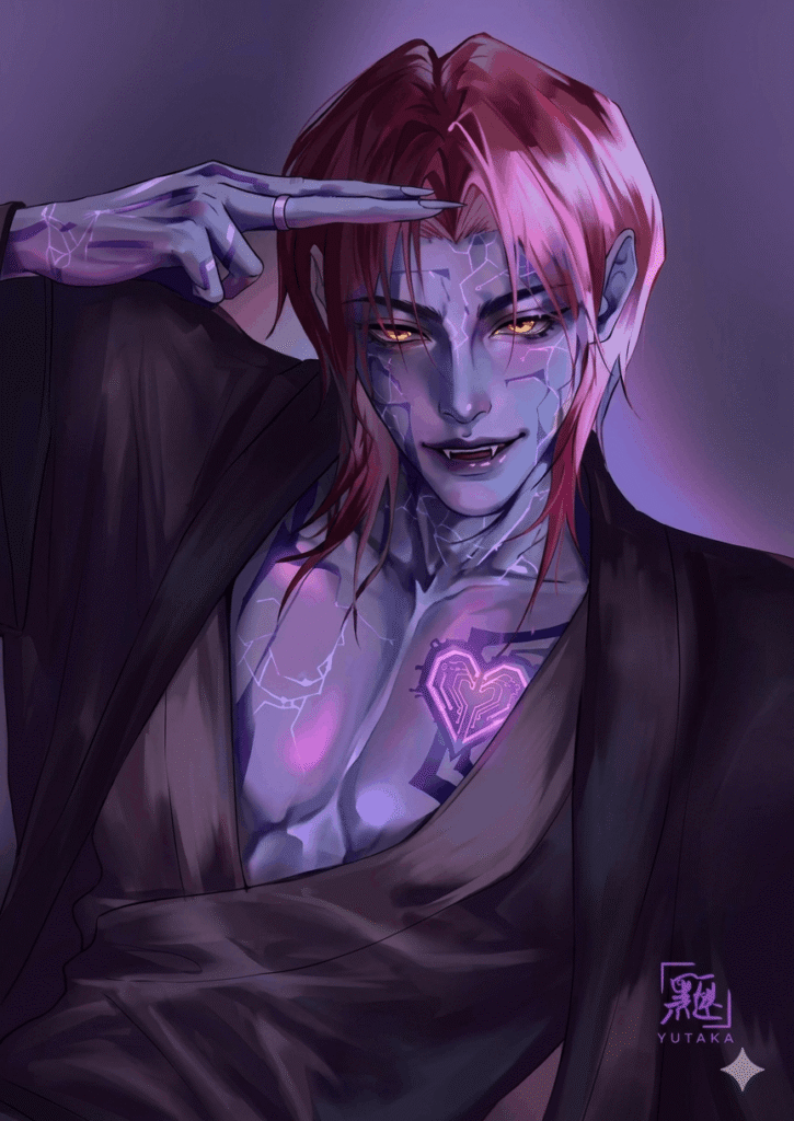 A woman with vibrant pink hair and striking blue eyes