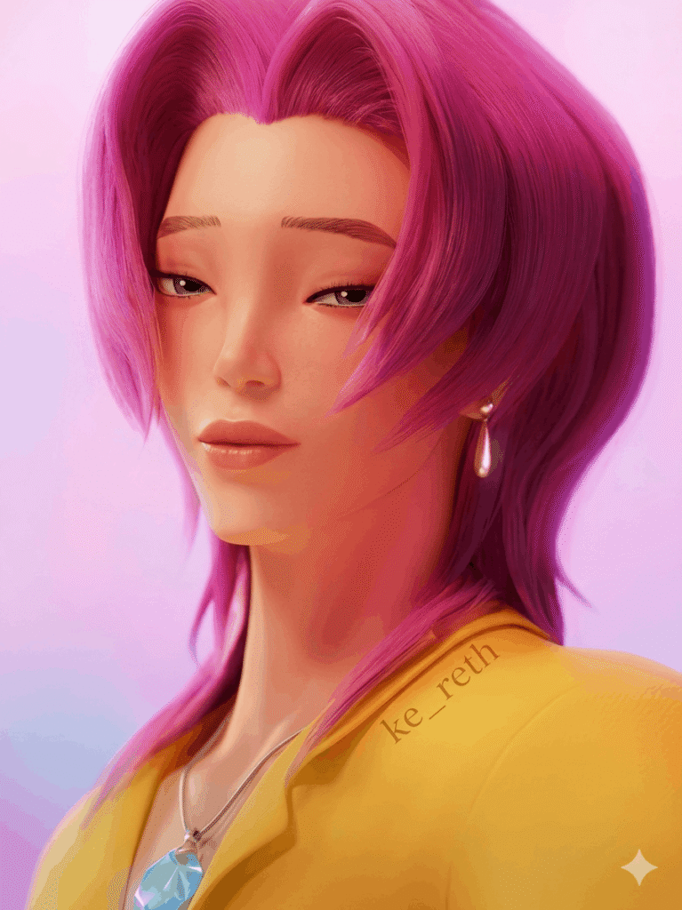 A woman with vibrant pink hair is dressed in a yellow shirt