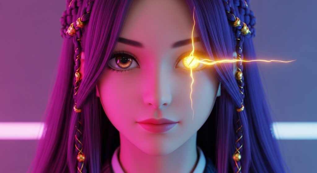 A woman with vibrant purple hai