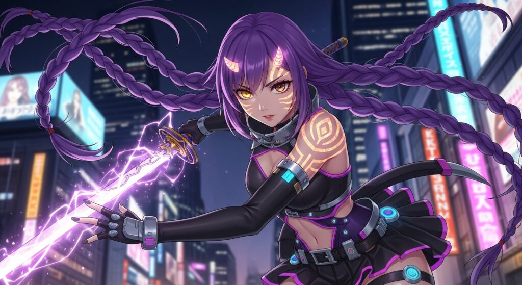 A woman with vibrant purple hair confidently holds a sword